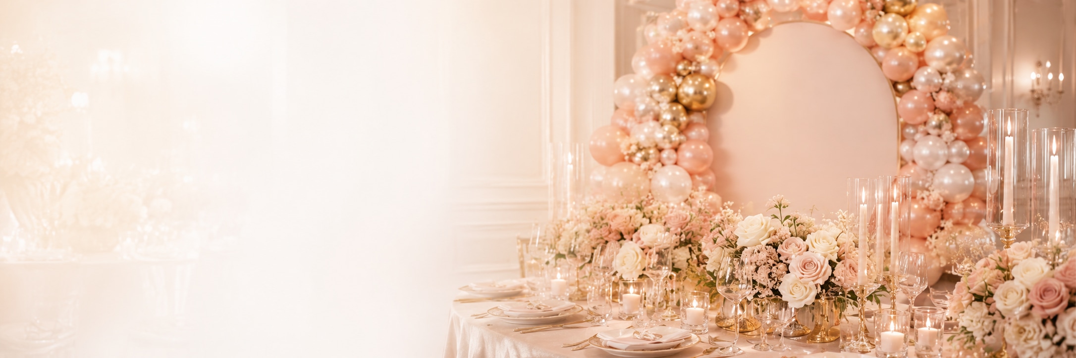 Luxury event styling — balloon arch with floral table setting